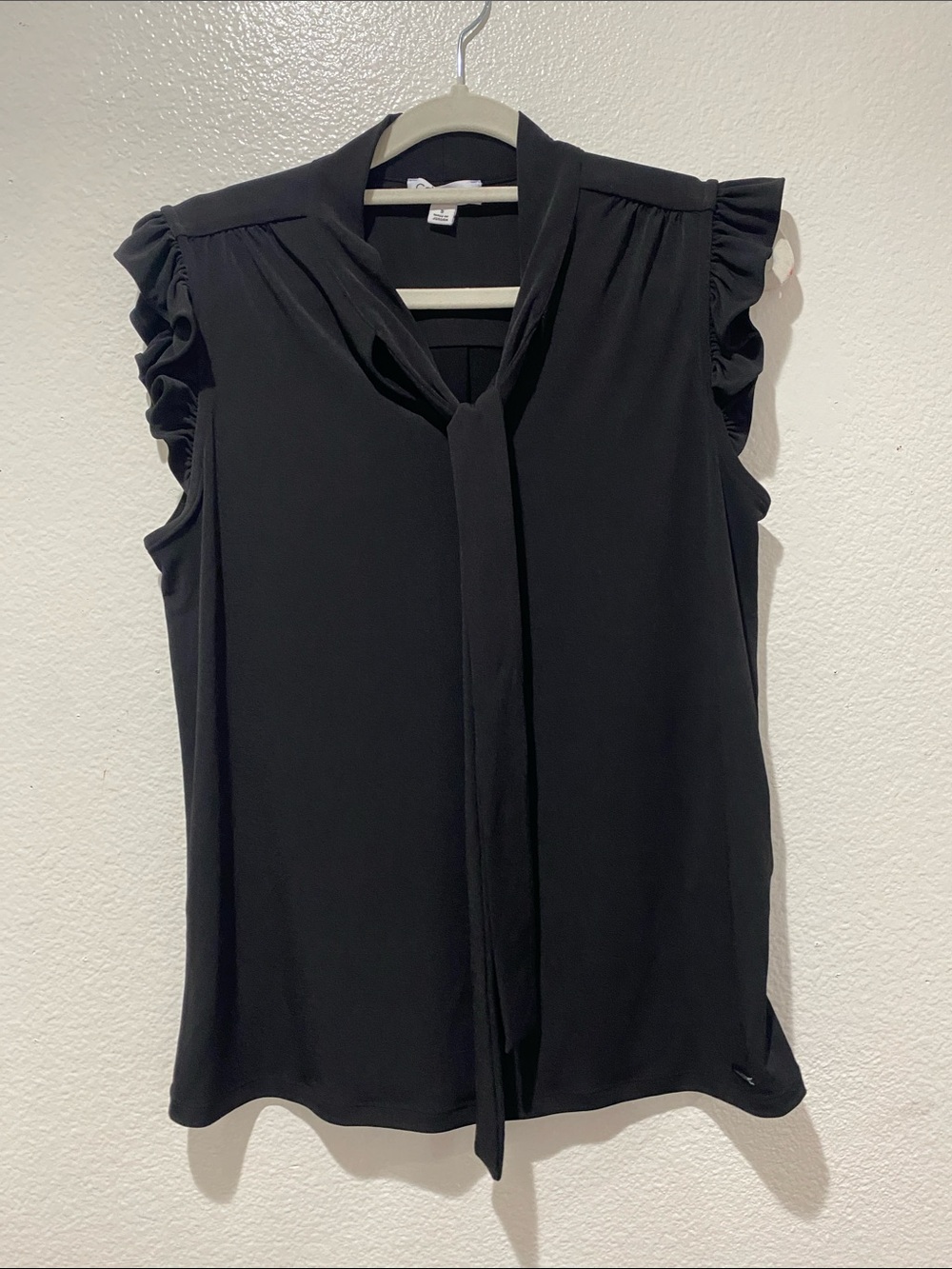 CALVIN KLEIN Black Tie-Neck Ruffle Sleeve Women's Top. Size S - Picture 3 of 10
